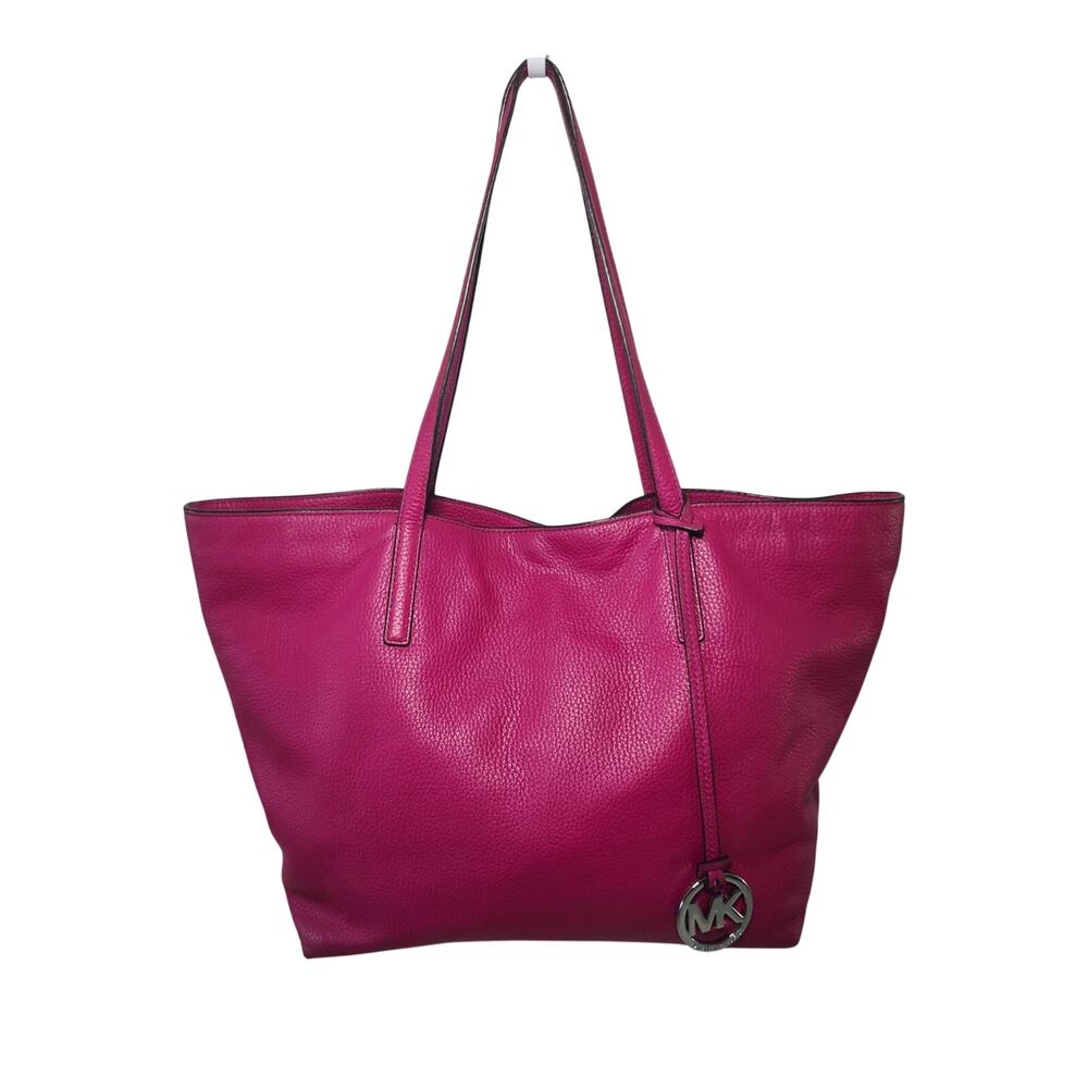 Michael Kors Tote Bag Fuchsia Leather Silver Shoulder Minimalist MK Charm